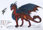  2018 absurd_res alita alita_berserker blue_eyes claws dragon ear_piercing english_text eyelashes fangs fantasy feline female feral full-length_portrait fur furred_dragon hair hi_res horn lion mammal membranous_wings model_sheet nude palette paws piercing portrait red_fur side_view simple_background slit_pupils smile solo standing teeth text toes traditional_media_(artwork) white_background wings 