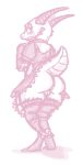  2018 blush bottomless butt clothed clothing digital_media_(artwork) digitigrade female flawn horn kobold legwear looking_back maid_uniform monochrome pussy reptile scalie simple_background skirt solo stockings tail_upskirt thick_thighs uniform upskirt 