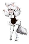  animal_ears bow bowtie clenched_hands closed_mouth dress extra_ears eyebrows_visible_through_hair frills from_side full_body grey_eyes grey_hair hair_between_eyes hands_up ise_(0425) kemono_friends knees_together_feet_apart long_sleeves looking_afar multicolored_hair pantyhose paw_pose shoes short_dress short_hair simple_background solo southern_tamandua_(kemono_friends) standing tail tamandua_ears tamandua_tail white_background white_bow white_hair white_legwear 