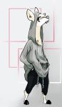  2018 ambiguous_gender anthro artemis_(nobby) blue_eyes cervine clothed clothing fangs furgonomics hands_in_pockets hoodie looking_at_viewer mammal musk_deer nobby_(artist) simple_background solo standing 