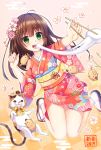  1girl 2019 :d animal bangs blush boar brown_footwear brown_hair cat chinese_zodiac chopsticks commentary_request egasumi eyebrows_visible_through_hair floral_print flower green_eyes hair_flower hair_ornament highres holding holding_chopsticks japanese_clothes kimono long_hair long_sleeves mochi mochi_trail nengajou new_year open_mouth original petals pink_flower print_kimono red_kimono round_teeth smile solo tabi teeth umitonakai upper_teeth white_legwear wide_sleeves year_of_the_pig zouri 