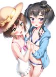  absurdres bikini bikini_under_clothes black_hair blue_hoodie blush bow brown_hair collarbone eyebrows_visible_through_hair flat_chest hair_between_eyes hat highres holding_hands kantai_collection looking_at_viewer multiple_girls navel nedia_(nedia_region) one-piece_swimsuit open_mouth pink_bow purple_eyes short_hair side-tie_bikini sidelocks simple_background smile sun_hat swimsuit swimsuit_under_clothes tokitsukaze_(kantai_collection) white_background white_bikini white_swimsuit yukikaze_(kantai_collection) 