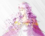  cape circlet closed_eyes diadora_(fire_emblem) dress fire_emblem fire_emblem:_seisen_no_keifu highres jewelry lavender_hair lithety long_hair purple_hair simple_background smile solo 