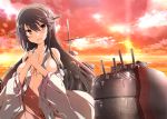  :d absurdres bangs bare_shoulders blush breasts brown_eyes brown_hair cannon cloud collarbone commentary_request detached_sleeves eyebrows_visible_through_hair hair_between_eyes hakama hands_up haruna_(kantai_collection) head_tilt headgear highres horizon japanese_clothes kantai_collection long_hair long_sleeves looking_at_viewer machinery medium_breasts mukouhara_shiryuu ocean open_mouth outdoors own_hands_together red_hakama ribbon-trimmed_sleeves ribbon_trim sky smile solo sunset turret very_long_hair water wide_sleeves 