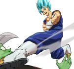 absurdres blue_eyes blue_hair boots crossed_arms dougi dragon_ball dragon_ball_super earrings fighting_stance fused_zamasu gloves highres jewelry kicking male_focus multiple_boys open_mouth potara_earrings short_hair simple_background spiked_hair super_saiyan_blue tears tim_yan vegetto white_background zamasu 