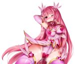  ;d blush breasts cameltoe elbow_gloves gloves highres large_breasts leotard lifted_by_self long_hair looking_at_viewer magical_girl nagai_wataru one_eye_closed open_mouth original pink_eyes pink_hair shiny shiny_clothes smile solo transparent_background 