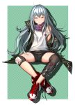  ahd ahoge bangs bare_shoulders black_shorts boots brown_eyes checkered checkered_background closed_mouth commentary_request eyebrows_visible_through_hair g11_(girls_frontline) girls_frontline green_jacket hair_between_eyes head_tilt highres jacket long_hair long_sleeves looking_at_viewer off_shoulder open_clothes open_jacket red_footwear shirt short_shorts shorts silver_hair sitting sleeveless sleeveless_shirt sleeves_past_fingers sleeves_past_wrists solo very_long_hair white_shirt 