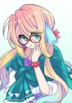  blonde_hair blue_eyes glasses gradient gradient_background gradient_hair green_background hand_on_own_cheek haruno_sora long_hair looking_at_viewer multicolored_hair red-framed_eyewear simple_background solo trpg01 upper_body vocaloid voiceroid 