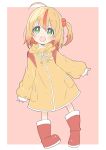  1girl absurdres bag blush boots character_request copyright_request donguri_suzume full_body green_eyes hair_ornament highres looking_at_viewer open_mouth orange_hair raincoat short_hair side_ponytail simple_background solo teeth virtual_youtuber 