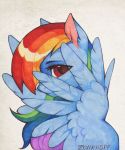  2018 blue_feathers bust_portrait colored_pencil covering_face equine eyebrows eyelashes feathered_wings feathers female feral friendship_is_magic hair hi_res lispp looking_at_viewer mammal multicolored_hair my_little_pony pegasus portrait purple_eyes rainbow_dash_(mlp) rainbow_hair signature simple_background solo traditional_media_(artwork) white_background wings 
