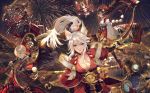  3girls animal_ears bai_lang blue_eyes blurry blurry_background bracer breasts cleavage closed_mouth commentary_request daitengu depth_of_field fireworks floating_hair flying highres holding holding_sword holding_weapon japanese_clothes kimono kuro_mujou_(onmyoji) large_breasts long_hair long_sleeves looking_at_viewer multiple_boys multiple_girls obi onmyoji platform_footwear red_eyes red_kimono robe sash say_hana short_sleeves slit_pupils sword weapon whisker_markings white_hair wide_sleeves wings wolf_ears yamausagi yuki_onna_(onmyoji) 