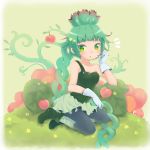  bangs blue_legwear blunt_bangs blush breasts brown_background cleavage food fruit full_body gloves green_eyes green_footwear green_hair highres leaf long_hair looking_at_viewer mahoujin_guruguru pantyhose planano plant plant_girl popurieru sitting solo strap_slip very_long_hair white_gloves white_legwear 