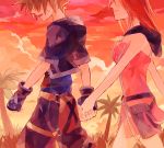  1girl breasts brown_hair commentary_request dress holding_hands jacket kairi_(kingdom_hearts) kingdom_hearts kingdom_hearts_ii medium_hair ramochi_(auti) red_hair short_hair skirt smile sora_(kingdom_hearts) sweat 