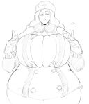  1girl bbw blush breasts button_pop cleavage coat curvy fur_hat gloves hat highres huge_breasts kolin long_hair monochrome overlordzeon plump sketch solo street_fighter street_fighter_v thick_thighs thighs ushanka wide_hips winter_clothes 