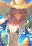  animal_ear_fluff animal_ears arms_up bikini bikini_under_clothes blue_bikini bracelet commentary_request ears_through_headwear fate/grand_order fate_(series) fox_ears fox_tail hat highres jewelry looking_at_viewer ocean pink_hair shirt smile solo straw_hat sun_hat swimsuit tail tamamo_(fate)_(all) tamamo_no_mae_(swimsuit_lancer)_(fate) teko water wet wet_clothes wet_shirt wet_t-shirt yellow_eyes 