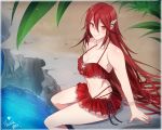  bare_shoulders bikini bikini_skirt blush breasts cleavage commentary fire_emblem fire_emblem:_kakusei fire_emblem_heroes frills hair_ornament highres long_hair looking looking_at_viewer medium_breasts palm_tree red_bikini red_eyes red_hair sitting smile solo swimsuit symbol_commentary thank_you tiamo tree tusia very_long_hair water 