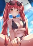  arm_across_waist azur_lane bangs beach_umbrella bikini black_bikini black_ribbon blue_sky blush breasts choker cleavage cloud collarbone commentary_request day eyebrows_visible_through_hair eyewear_on_head hair_ribbon hayami_yoichi highres honolulu_(azur_lane) large_breasts light_particles long_hair looking_at_viewer navel outdoors reaching_out red_eyes red_hair ribbon sky solo stomach sunglasses swimsuit thighs twintails umbrella wet 