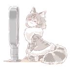  :3 animal_ear_fluff animal_ears bladeless_fan blush boots cat_ears cat_tail closed_eyes coat commentary_request eyebrows_visible_through_hair fan fur_collar fur_trim grey_hair highres kemono_friends long_sleeves mitsumoto_jouji multicolored_hair norwegian_forest_cat_(kemono_friends)_(mitsumoto_jouji) original short_hair solo tail 