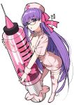  bb_(fate)_(all) bb_(fate/extra_ccc) bb_shot! black-framed_eyewear breasts cleavage commentary fate/grand_order fate_(series) full_body glasses hair_ribbon hat highres holding holding_syringe large_breasts large_syringe long_hair nurse nurse_cap oversized_object pink_legwear purple_eyes purple_hair purple_ribbon ribbon solo syringe thighhighs translation_request utayoi_(umakatare) very_long_hair 