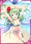  :d akkijin armpits ball beach beachball bikini blue_eyes breasts card_(medium) day fairy fairy_wings flower green_hair hair_flower hair_ornament hands_up medium_breasts ocean official_art open_mouth pixie_servant_(shinkai_no_valkyrie) shell shinkai_no_valkyrie smile swimsuit wings 