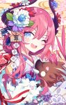  1girl ;d animal bangs blue_eyes blue_flower boar bow chinese_zodiac commentary curled_horns dragon_horns elizabeth_bathory_(fate) elizabeth_bathory_(fate)_(all) ema english_commentary eyebrows_visible_through_hair fang fate/extra fate/extra_ccc fate_(series) floral_print flower hair_between_eyes hair_flower hair_ornament happy_new_year head_tilt heart heart-shaped_pupils highres horns japanese_clothes kimono litsvn long_hair nengajou new_year one_eye_closed open_mouth pink_hair print_kimono purple_flower red_bow red_flower sidelocks smile solo striped striped_bow symbol-shaped_pupils upper_body white_flower year_of_the_pig 