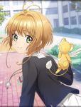  antenna_hair artist_request cardcaptor_sakura green_eyes jewelry kero kinomoto_sakura light_brown_hair looking_at_viewer official_art pendant phantom_of_the_kill school school_uniform short_hair smile tomoeda_middle_school_uniform 