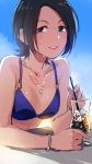  bare_arms bare_shoulders bikini_top black_hair blue_eyes blue_sky bracelet breasts cup day drinking_glass drinking_straw idolmaster idolmaster_cinderella_girls jewelry light_smile lips looking_at_viewer luncheon_meat_umai necklace outdoors pov_across_table short_hair sketch sky small_breasts solo sweat tougou_ai upper_body 