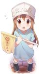  baseball_cap blush boots buchi_(y0u0ri_) child clothes_writing collarbone commentary commission flag flying_sweatdrops from_above hat hataraku_saibou kindergarten_uniform light_brown_hair long_hair platelet_(hataraku_saibou) solo translated 