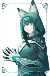  absurdres animal_hood cloak closed_mouth commentary earrings eyebrows_visible_through_hair fingers_together from_side gloves green green_eyes green_hair highres hood hood_up hooded_cloak jewelry long_sleeves looking_at_viewer looking_to_the_side pneuma_(xenoblade_2) redpoke romaji_commentary smile solo spoilers upper_body white_background white_gloves xenoblade_(series) xenoblade_2 