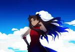  arm_up bangs black_hair black_ribbon blue_eyes closed_mouth cloud cloudy_sky commentary dress english_commentary fate/stay_night fate_(series) hair_ribbon hand_on_hip long_dress long_hair parted_bangs red_dress ribbon see-through_sleeves sky solo toosaka_rin two_side_up wind yaoshi_jun 