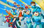  2girls 6+boys aile android ashe_(rockman) black_shorts blonde_hair blue_eyes blue_gloves blue_hair blush brown_eyes brown_hair capcom child closed_mouth flying gloves green_eyes grey_(rockman) grey_hair headband helmet hoshikawa_subaru long_hair multiple_boys multiple_girls open_mouth pointing rock_volnutt rockman rockman_(character) rockman_(classic) rockman_exe rockman_exe_(character) rockman_x rockman_zero rockman_zx roller_skates running ryuusei_no_rockman sakurai_meiru short_hair shorts skates smile teeth tentokki tongue vent white_gloves white_shorts x_(rockman) zero_(rockman) 