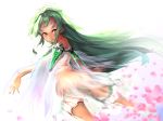  1girl ass bare_shoulders beatless commentary_request dark_skin dress dutch_angle flower from_behind green_eyes green_hair long_hair looking_at_viewer looking_back no_panties parted_lips see-through snowdrop_(beatless) solo standing usuki_(graygreed) white_dress 