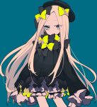  abigail_williams_(fate/grand_order) black_bow black_dress black_hat blonde_hair bloomers blue_background blue_eyes bow covered_mouth cowboy_shot dress eyes_visible_through_hair fate/grand_order fate_(series) hair_bow hat highres long_hair long_sleeves looking_at_viewer mochizuki_kei simple_background sleeves_past_wrists solo standing underwear very_long_hair yellow_bow 