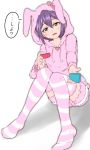  commentary_request green_eyes hood idolmaster idolmaster_million_live! kneehighs machismo_fuji mochizuki_anna nintendo_switch no_shoes open_mouth pajamas pink_legwear playing_games purple_hair smile solo striped striped_legwear white_legwear 