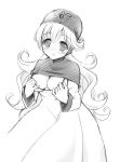  blush breasts cleavage commentary_request curly_hair dragon_quest dragon_quest_ii dress emblem hat hood hood_up kichijou_agata long_hair looking_at_viewer monochrome princess princess_of_moonbrook robe solo 