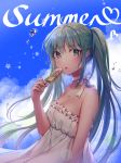  bangs bare_arms bare_shoulders blue_sky breasts cloud cloudy_sky collarbone commentary day dress english english_commentary eyebrows_visible_through_hair fingernails food green_eyes green_hair hair_between_eyes hand_up hatsune_miku highres holding holding_food long_hair looking_at_viewer looking_to_the_side outdoors ozzingo parted_lips popsicle sky small_breasts solo strapless strapless_dress twintails upper_teeth very_long_hair vocaloid water_drop wet white_dress 