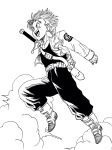  :d boots capsule_corp cloud cloudy_sky commentary dragon_ball dragon_ball_z floating_hair full_body greyscale happy highres jacket jumping lee_(dragon_garou) looking_away male_focus monochrome open_mouth pants parody short_hair simple_background sky smile solo sword toki_wo_kakeru_shoujo trunks_(dragon_ball) weapon white_background 