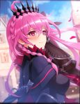  artist_request black_killers_(phantom_of_the_kill) black_ribbon blush bracer braid capelet eyebrows_visible_through_hair fur_trim hair_between_eyes hair_ornament hair_ribbon hand_in_hair long_hair official_art petals phantom_of_the_kill pink_eyes pink_hair ribbon smile town tyrfing_(phantom_of_the_kill) wind 