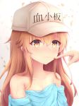  bangs bare_shoulders blood blue_shirt blush brown_eyes character_name closed_mouth collarbone endsmall_min eyebrows_visible_through_hair fingernails flat_cap grey_hat hair_between_eyes hat hataraku_saibou highres light_brown_hair long_hair nose_blush off_shoulder out_of_frame platelet_(hataraku_saibou) shirt solo_focus very_long_hair 