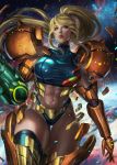  abs arm_cannon blonde_hair blue_eyes blue_legwear commentary english_commentary expressionless highleg highleg_panties highres looking_to_the_side metroid mole mole_under_mouth muscle muscular_female navel panties parted_lips samus_aran sleeveless soffa solo space star_(sky) stomach thigh_gap thighhighs toned transforming_clothes underwear varia_suit weapon 