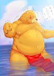  2018 anthro bear belly blush brown_fur clothing crying dagger_(sdorica_sunset) fundoshi fur japanese_clothing japanese_text male mammal moobs nameko_no_neko nipples overweight overweight_male sdorica_sunset solo tears text underwear water 