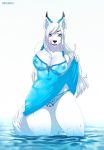  2018 anthro big_breasts black_lips black_nose blue_eyes blue_pussy breasts canine cleavage clothed clothing clothing_lift digital_media_(artwork) dress dress_lift female fur hair horn licking licking_lips looking_at_viewer mammal nipples panties pussy pussy_juice seductive simple_background smile solo standing thick_thighs thigh_gap tongue tongue_out underwear voluptuous water wet white_fur white_hair wide_hips wolf wolf_whitemoon_fang xiongfeng95 