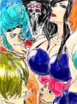  1girl 4boys breasts brook cleavage franky_(one_piece) gmotida huge_breasts large_breasts multiple_boys nico_robin one_piece sanji smile tony_tony_chopper 