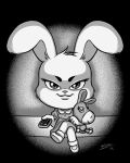 4_fingers anais_watterson cartoon_network clothing crossed_legs daisy_the_donkey dress grin half-closed_eyes holding_object lagomorph looking_at_viewer mammal monochrome phoenixkenny plushie rabbit sitting smile sofa the_amazing_world_of_gumball tv_remote young 