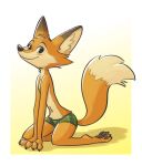  2018 ambiguous_gender anthro blush border boxer_briefs canine cheek_tuft claws clothed clothing darma dipstick_ears dipstick_tail fox fuel_(artist) gradient_background head_tuft kneeling looking_at_viewer mammal multicolored_tail nipples pawpads rock_dog simple_background smile solo toe_claws topless tuft underwear white_border 