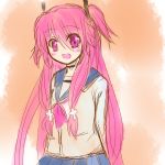  angel_beats! blush choker eyebrows_visible_through_hair hair_ribbon hekikuu_(kanaderuyume) highres long_hair open_mouth pink_eyes pink_hair ribbon school_uniform serafuku solo two_side_up yui_(angel_beats!) 