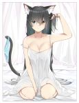  absurdres animal_ears arm_up bangs bare_arms bare_shoulders bed_sheet between_legs black_hair blue_eyes blush breasts cat_ears cat_girl cat_tail cleavage closed_mouth collarbone commentary curtains dress eyebrows_visible_through_hair fingernails hair_between_eyes hand_between_legs hand_in_hair heterochromia highres long_hair looking_at_viewer medium_breasts mole mole_on_breast original panties panties_around_tail panties_removed sitting sleeveless sleeveless_dress solo strap_slip striped striped_panties suzuharu_toufu tail underwear very_long_hair wariza white_dress yellow_eyes 