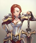  aloner arena_of_valor armor artist_name astrid_(arena_of_valor) blue_eyes braid breasts cleavage fingerless_gloves gloves long_hair red_hair single_braid solo sword upper_body weapon 