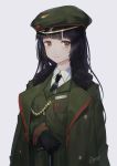  aiguillette ano54 bad_id bad_pixiv_id bangs black_hair black_neckwear blush breast_pocket brown_eyes closed_mouth collared_shirt eyebrows_visible_through_hair green_hat green_jacket grey_background hat highres jacket long_hair looking_at_viewer military military_hat military_jacket military_uniform necktie original peaked_cap pocket shirt signature simple_background solo uniform very_long_hair white_shirt 