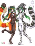  2018 5_fingers anthro black_nose breasts duo eyewear feline female glasses green_eyes green_hair hair kacey leopard mammal nipples nude open_mouth pussy red_panda smile snow_leopard teeth tongue traditional_media_(artwork) 